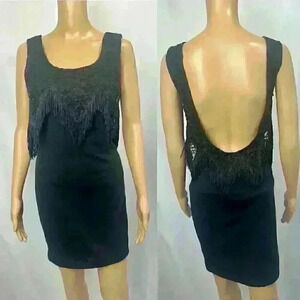 Vintage 90s LA Glo Black Backless Body-con Mini Dress Fringe Western Sz 9/10